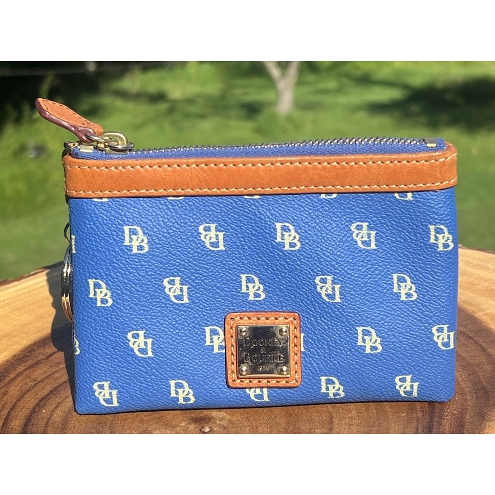 Dooney & Bourke Blue DB Monogram Zip Pouch Wristlet Keychain Leather Trim